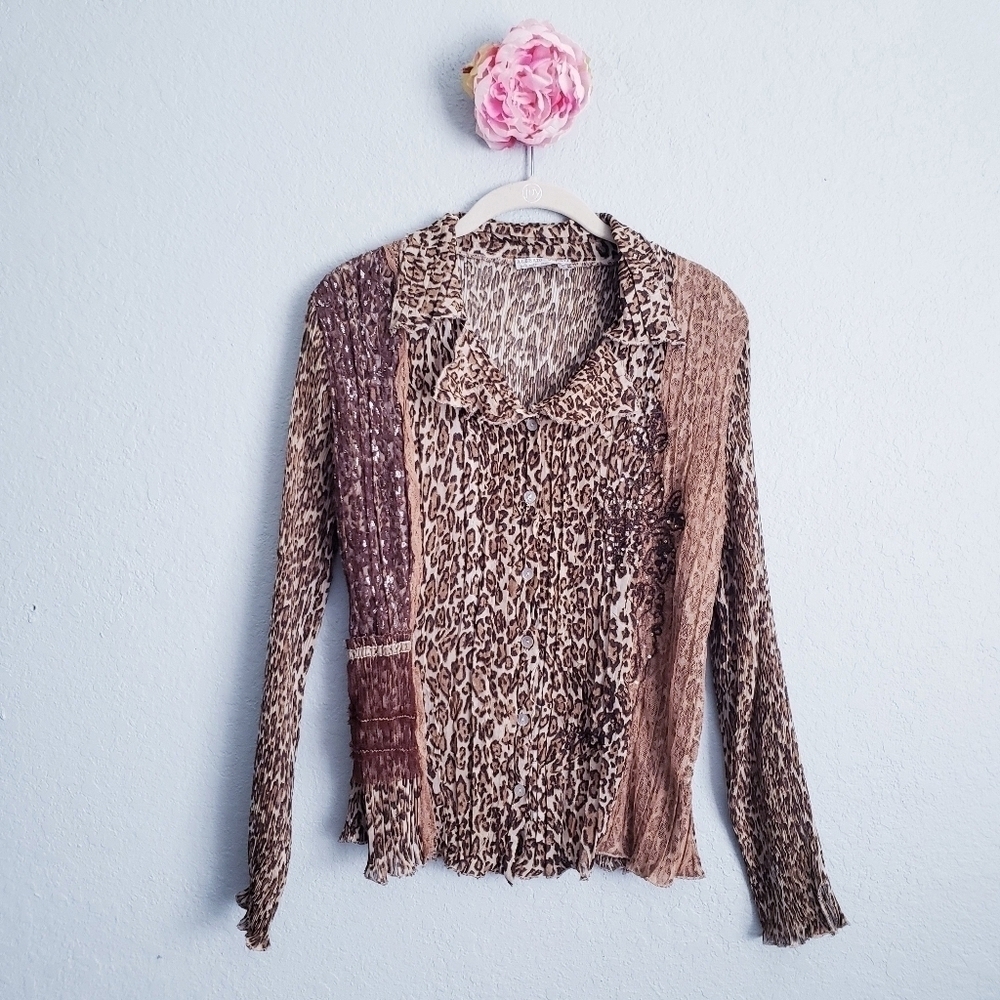 Alberto Makali Plisse Leopard Print Buttondown Lace Embroidered Blouse